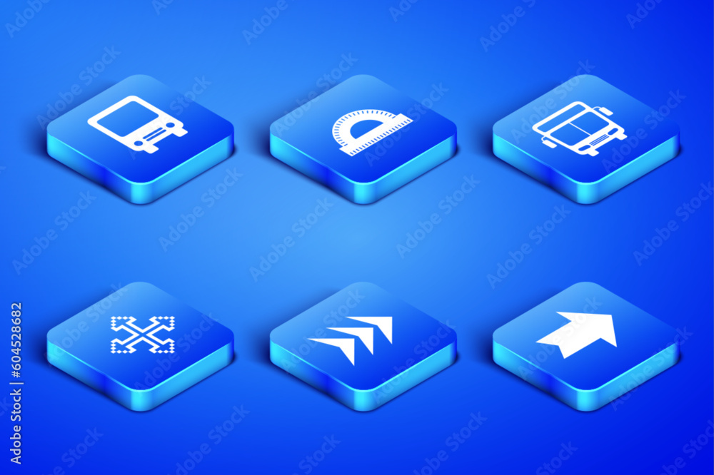Poster set arrow, bus, pixel arrows in four directions, protractor grid and icon. vector