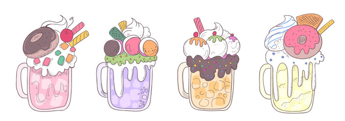Vector catoon illustration Milkshakes in mug glasses Boba milk tea, Pearl milk tea , Yummy drinks, coffees and soft drinks
