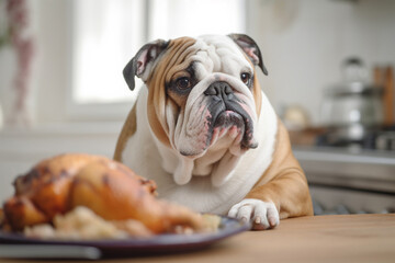 English Bulldog dog siiting in front of kitchen table with roasted chicken. Generative ai illustration