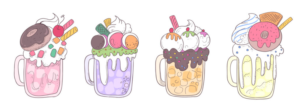 Vector catoon illustration Milkshakes in mug glasses Boba milk tea, Pearl milk tea , Yummy drinks, coffees and soft drinks