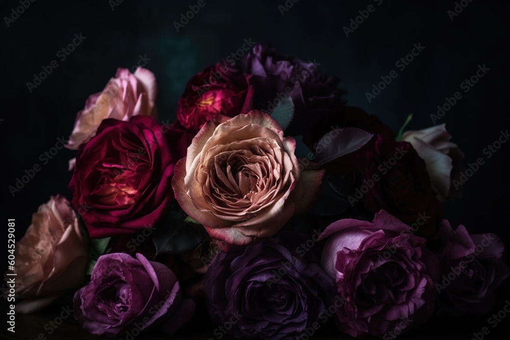 Poster an arrangement of flowers that are now resting on a table generative ai