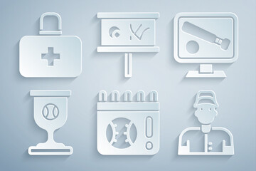 Set Calendar with baseball game, Monitor, Award cup, Baseball player, Planning strategy and First aid kit icon. Vector