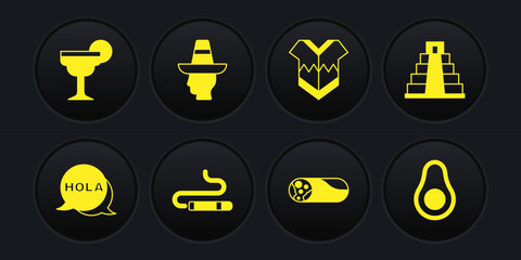 Set Hola, Chichen Itza in Mayan, Cigar, Burrito, Poncho, Mexican man sombrero, Avocado fruit and Margarita cocktail icon. Vector © vector_v