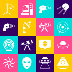 Set Space capsule, UFO flying spaceship, Solar system, Ray gun, Satellite dish, Moon with flag and Telescope icon. Vector