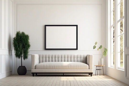 This contemporary living room boasts a comfortable white couch, neutral decor, and natural light for a fresh and serene atmosphere. AI Generative.