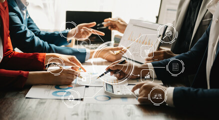 .Business team present professional investor working new start up project. Digital tablet laptop computer Finance managers meeting with digital marketing media in virtual icon