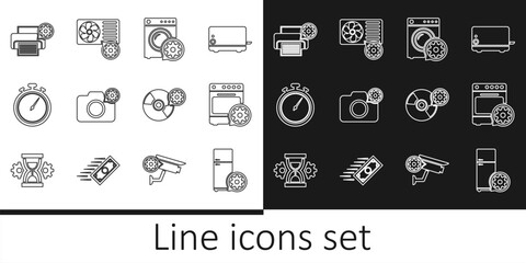 Set line Refrigerator setting, Oven, Washer, Photo camera, Stopwatch, Printer, CD DVD disk and Air conditioner icon. Vector
