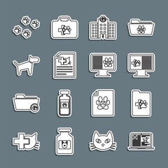 Set line Clinical record dog on laptop, pet, monitor, Veterinary medicine hospital, Medical certificate for cat, Dog, Paw print and icon. Vector