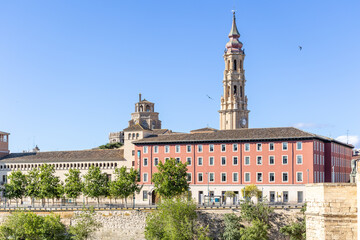Naklejka premium Zaragoza, Spain - May 01, 2023: details of the main tower of the Zaragoza cathedral called La Seo in Zaragoza, Spain