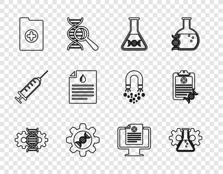 Set line Gene editing, Bioengineering, DNA research, search, Genetic, Clinical record, Clipboard with blood test, on monitor and analysis icon. Vector
