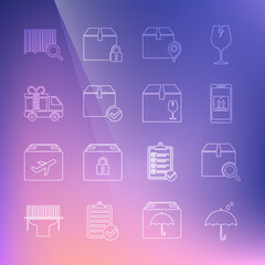 Set line Umbrella and rain drops, Search package, Mobile with app tracking, Location cardboard box, Package check mark, Delivery truck gift, barcode and fragile content icon. Vector