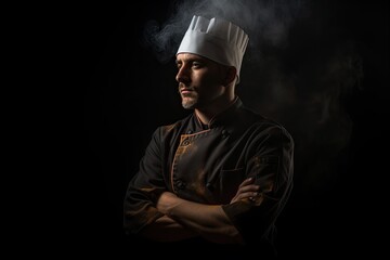 Master chef standing tall in the darkness, captured in a mesmerizing photograph against a dark background. Generative AI