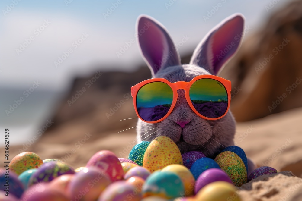 Aufkleber a rabbit with sunglasses and lounging in a nest of eggs during easter. generative ai