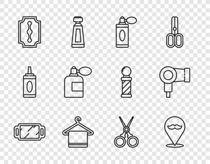 Set line Hand mirror, Barbershop, Aftershave bottle with atomizer, Towel on hanger, Blade razor, Scissors hairdresser and Hair dryer icon. Vector