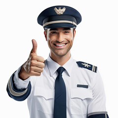 Obraz premium Cheerful airline pilot wearing uniform with epaulets showing thumb up gesture of approval, standing isolated on white background. Generative AI