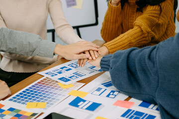 UX graphic designer planning application process development prototype wireframe for web smart phone. Creative digital development agency. in office