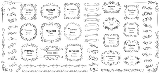 Calligraphic design elements . Decorative swirls or scrolls, vintage frames , flourishes, labels and dividers. Retro vector illustration