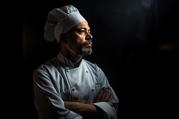 Master chef standing tall in the darkness, captured in a mesmerizing photograph against a dark background. Generative AI
