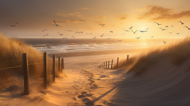 Serene beach with seagulls gracefully soaring above wooden fences. Generative AI image