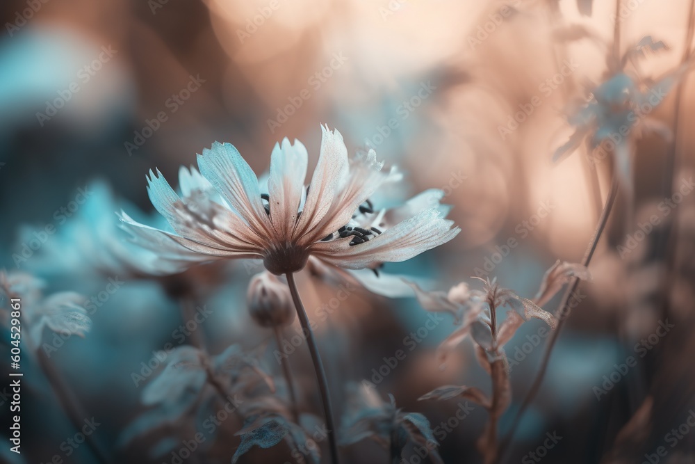 Poster a detailed photograph of a flower superimposed over a hazy backdrop generative ai