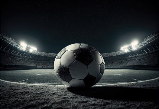 Sport stadium with soccer ball at night as wide backdrop. Digital 3D illustration for background advertisement