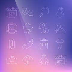 Set line October calendar autumn, Mushroom, Sun and cloud weather, Sickle, Storm, Sweater, September and Leaf icon. Vector