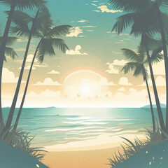 Fototapeta na wymiar Vector background with tropical oasis with palm trees and sea. Generative AI image