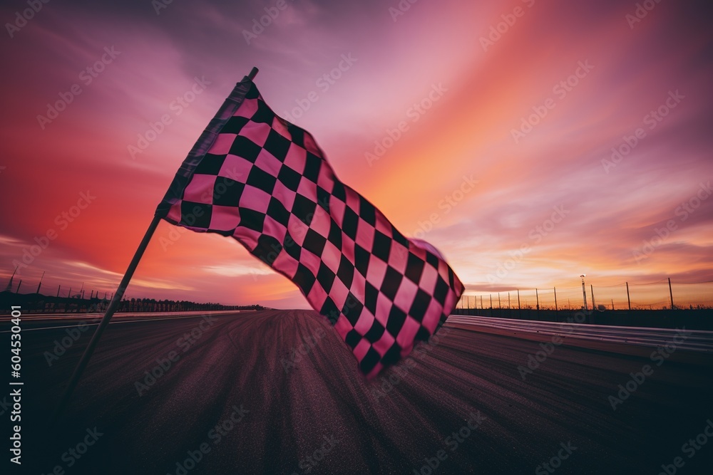 Poster a flag with a checkered pattern in pink and black, mounted on a pole generative ai