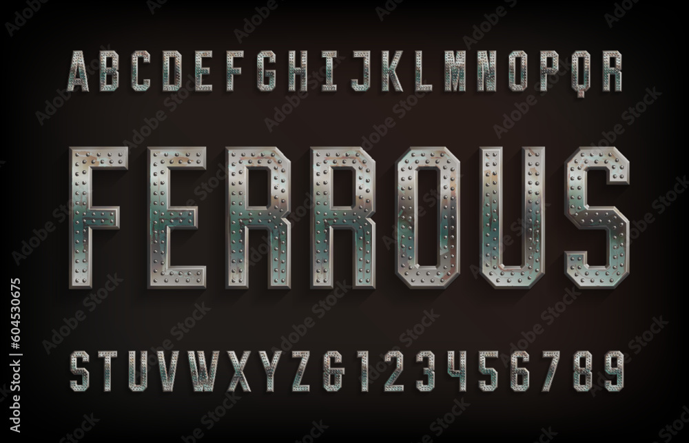 Fototapete ferrous alphabet font. shabby metal letters and numbers with rivets. stock vector typescript for you
