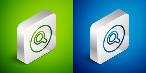 Obraz premium Isometric line Magnifying glass icon isolated on green and blue background. Search, focus, zoom, business symbol. Silver square button. Vector