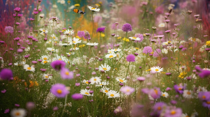 Obraz na płótnie Canvas Background of wildflowers chamomile and purple wild pea with sunlight. Generative AI image