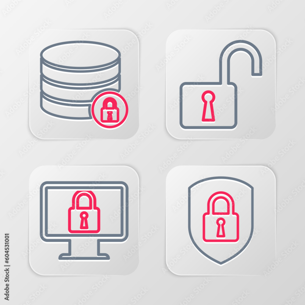 Poster set line shield security with lock, lock on monitor, open padlock and server icon. vector