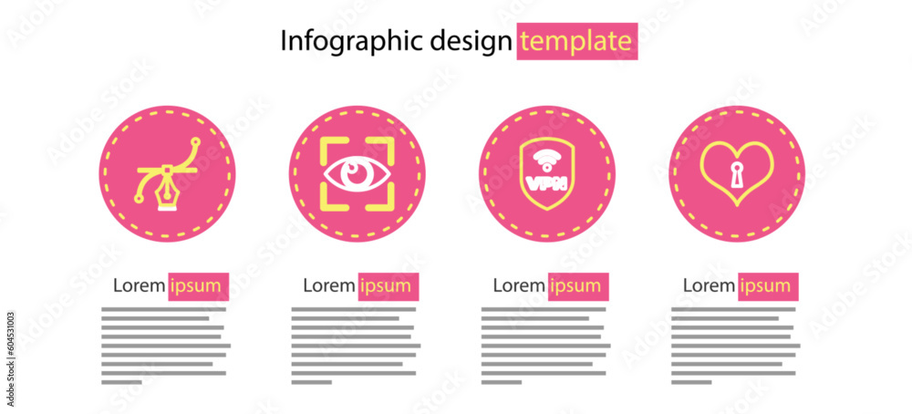 Poster set line shield with vpn wireless, heart keyhole, eye scan and bezier curve icon. vector