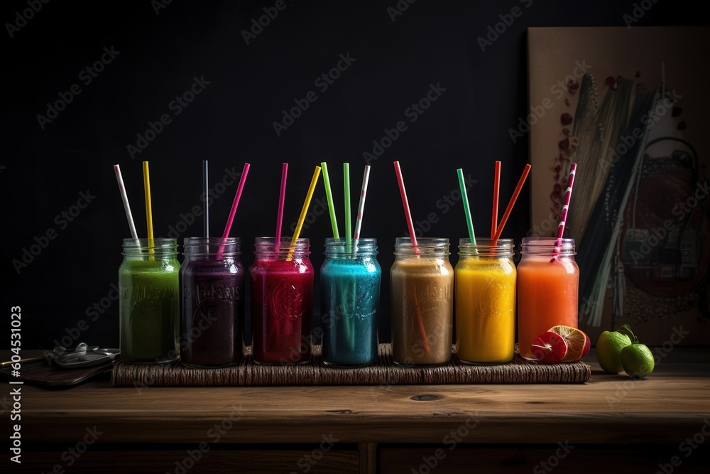 Poster a line of smoothies in various colors, each having a straw in it generative ai