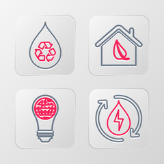 Set line Recycle clean aqua, Light bulb with world globe, Eco friendly house and icon. Vector
