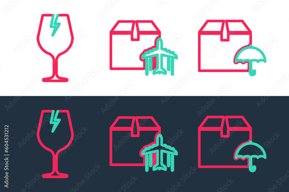 Poster set line delivery package with umbrella, fragile broken glass and plane and cardboard box icon. vect