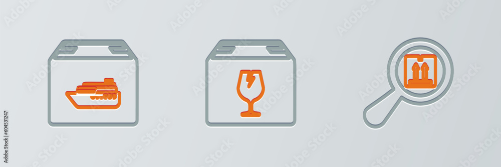 Poster set line search package, cargo ship with boxes and delivery fragile content icon. vector