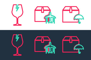 Set line Delivery package with umbrella, Fragile broken glass and Plane and cardboard box icon. Vector