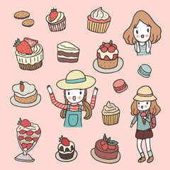 cute girl with dessert, cartoon hand drawn style vector