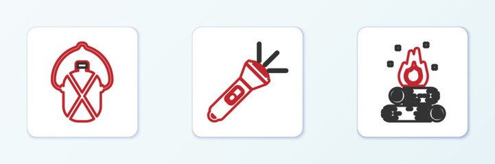 Set line Campfire, Canteen water bottle and Flashlight icon. Vector