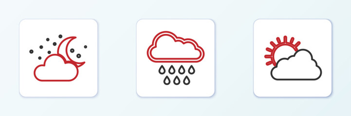 Set line Sun and cloud weather, Cloud with moon stars and rain icon. Vector
