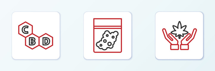 Set line Marijuana or cannabis leaf, Cannabis molecule and Plastic bag of icon. Vector