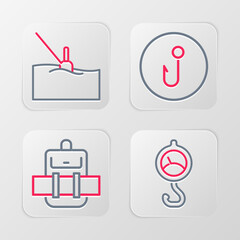 Set line Spring scale, Hiking backpack, Fishing hook and float water icon. Vector