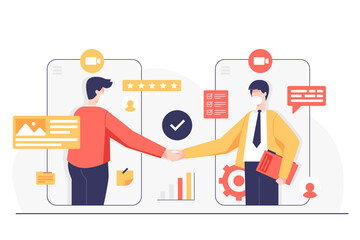 Young businessmen shaking hands through display of smartphone