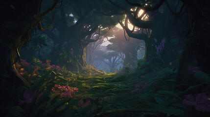 A breathtaking tropical jungle bathed in glow of dawn. Generative AI image