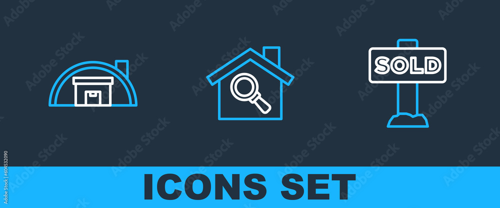 Poster set line hanging sign with text sold, warehouse and search icon. vector