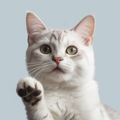 Portrait of a shorthair grey cat with raised paw created with Generative AI technology