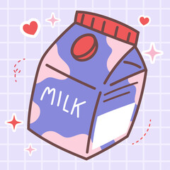 Kawaii food cartoon of fresh milk box drink. Vector icon of cute bottle drink with japanese doodle style for kid product, sticker, shirt with blue background flat illustration