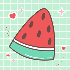 Kawaii food cartoon of fresh watermelon vector icon of cute japanese doodle style for kid product, sticker, shirt with green background flat illustration