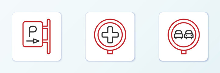 Set line No overtaking road traffic, Parking and Hospital icon. Vector